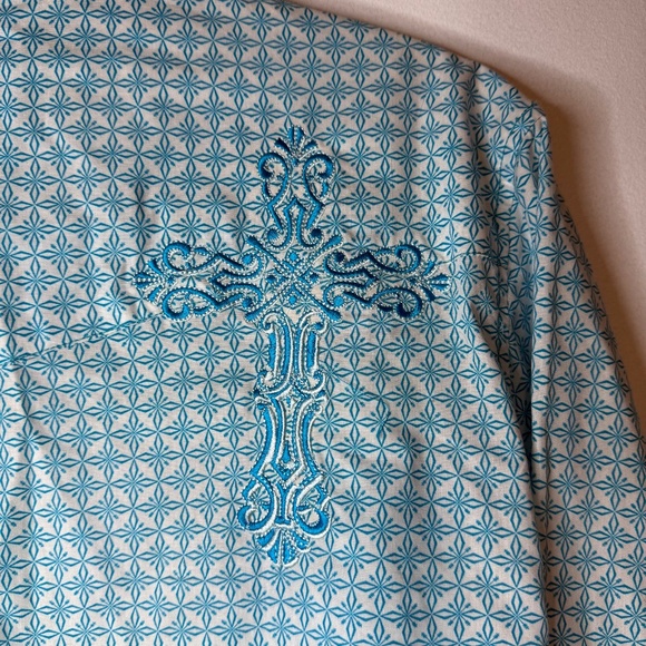 Cowgirl Hardware Blue Pearl Snap Shirt Embroidered Western Christian Cross - Picture 3 of 8